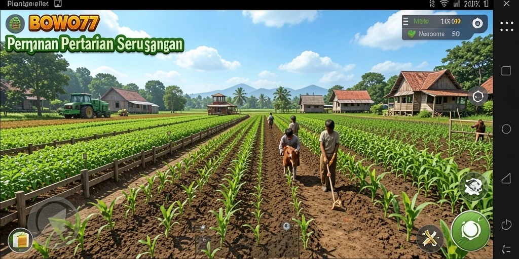 Screenshot BOWO77 menampilkan suasana kebun yang cerah dan aktivitas bertani.