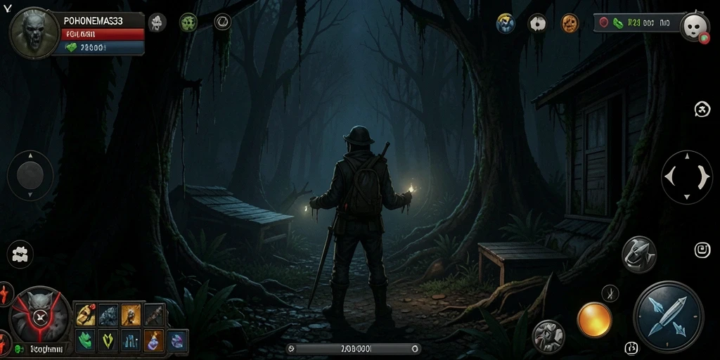 Tangkapan layar gameplay POHONEMAS33 dengan suasana horor yang menegangkan.
