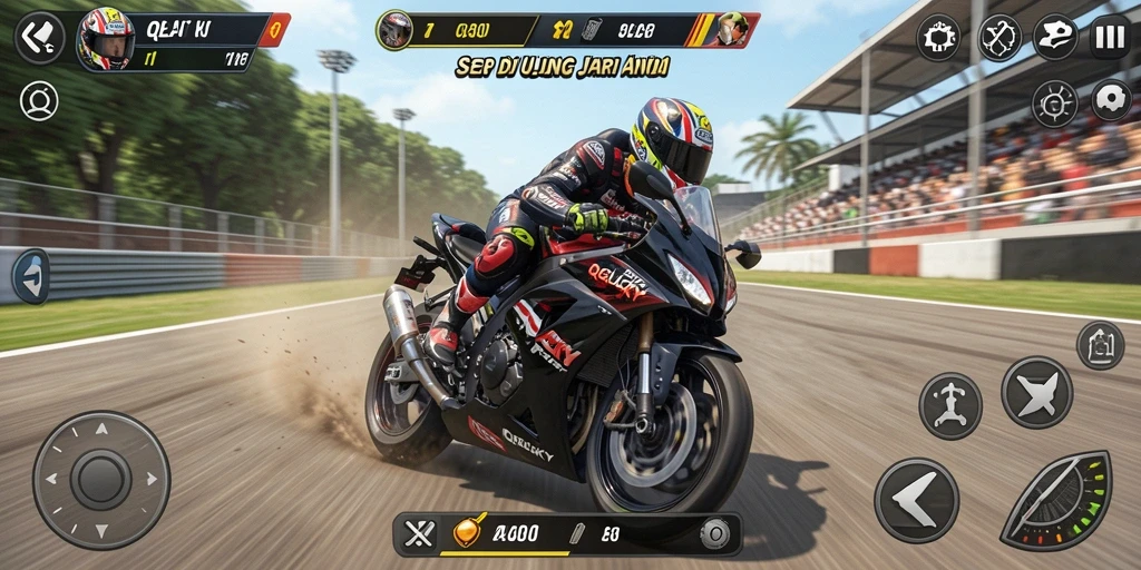 Tangkapan layar gameplay QGLUCKY yang mendebarkan dalam balapan motor.